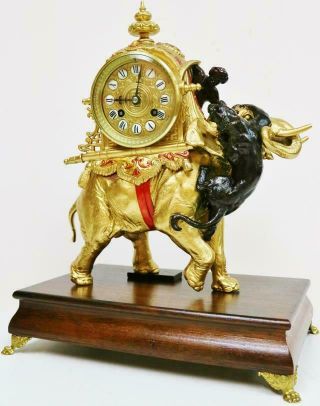 Rare Antique French 8 Day Gilt Metal Tiger Attacking Elephant Mantle Clock 4