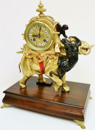 Rare Antique French 8 Day Gilt Metal Tiger Attacking Elephant Mantle Clock 5