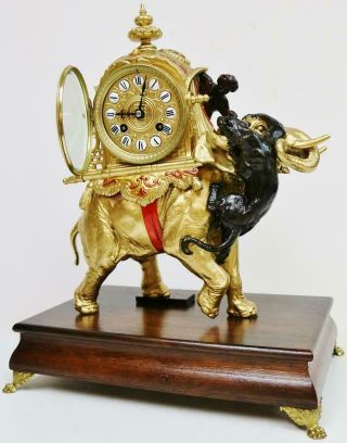 Rare Antique French 8 Day Gilt Metal Tiger Attacking Elephant Mantle Clock 8