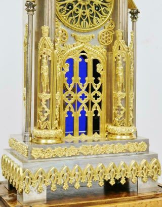 Antique French Empire Bronze & Silvered Cathedral Automaton Mantle Clock 4