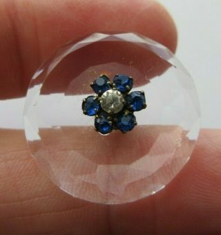 Exquisite Antique Vtg Faceted Clear Glass Button W/ Cobalt & Clear Pastes (c)