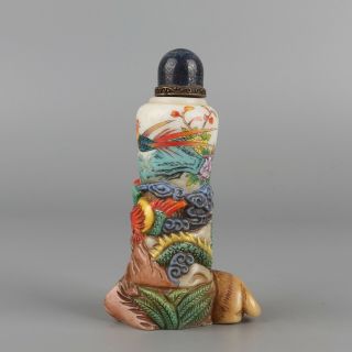 Chinese Exquisite Handmade Dragon Phoenix Flower Pattern Glass Snuff Bottle