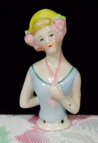 Vtg Porcelain Half Doll German Small Flapper Woman W Roses Pin Cushion Excel