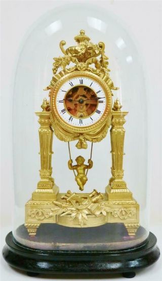 Antique French Gilt Farcot Mystery Swinging Cherub Portico Mantle Clock & Dome
