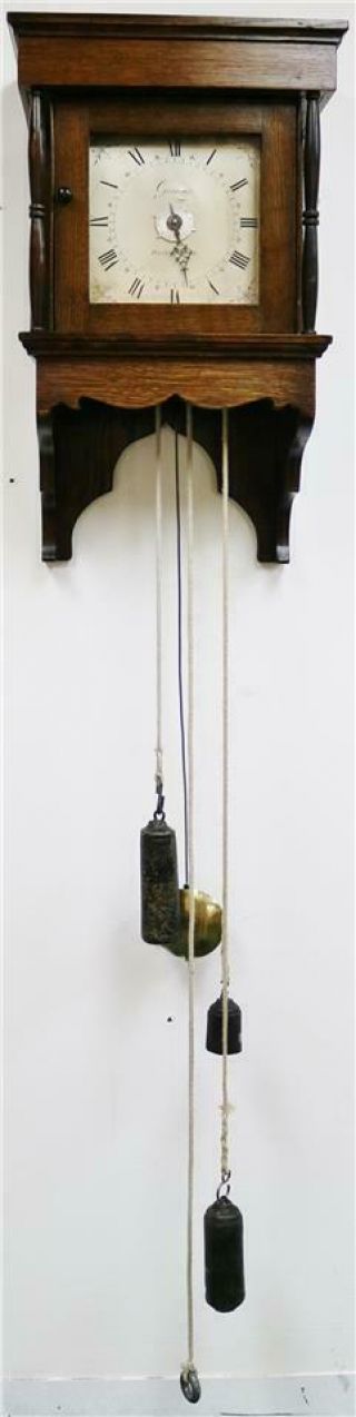 Rare 18thc Antique English Oak Weight Driven Single Hand Hooded Alarm Wall Clock