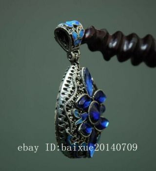 CHINA OLD INLAY SAPPHIRE CLOISONNE TIBETAN SILVER PENDANT A02 2