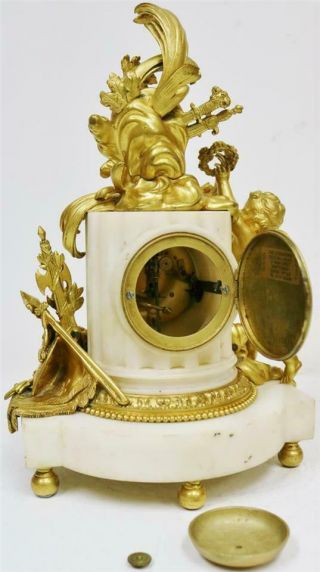 Antique French Empire White Marble & Bronze Ormolu Cherub Figurine Mantel Clock 11