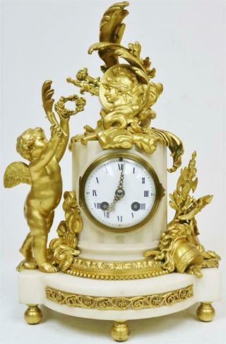 Antique French Empire White Marble & Bronze Ormolu Cherub Figurine Mantel Clock