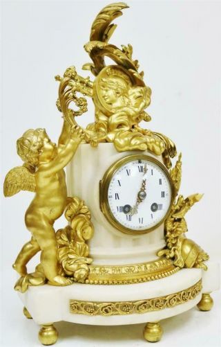 Antique French Empire White Marble & Bronze Ormolu Cherub Figurine Mantel Clock 2