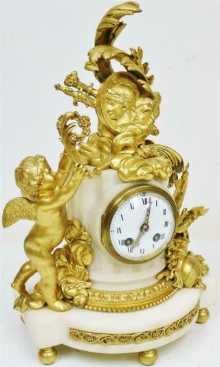 Antique French Empire White Marble & Bronze Ormolu Cherub Figurine Mantel Clock 3