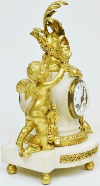 Antique French Empire White Marble & Bronze Ormolu Cherub Figurine Mantel Clock 4