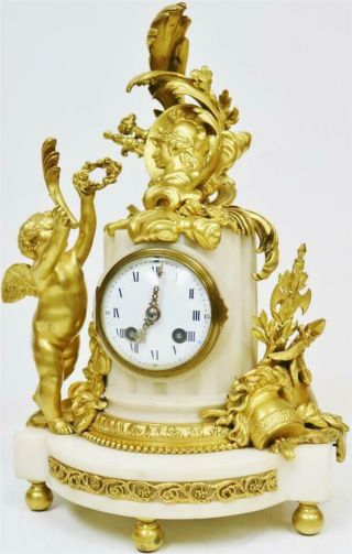 Antique French Empire White Marble & Bronze Ormolu Cherub Figurine Mantel Clock 5