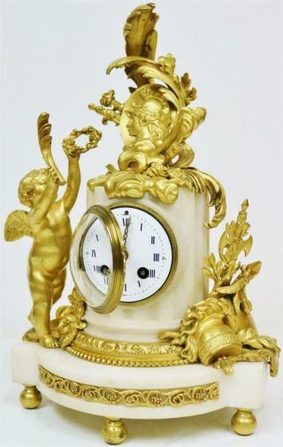 Antique French Empire White Marble & Bronze Ormolu Cherub Figurine Mantel Clock 7