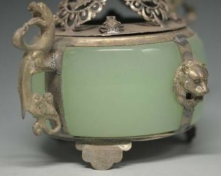 UNIQUE CHINESE SILVER COPPER INLAID JADE DRAGON LION INCENSE BURNER 3