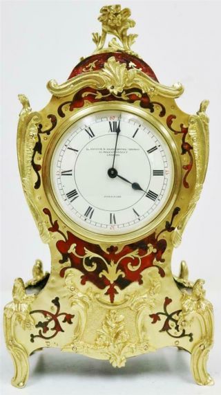 Small Antique French 8 Day Red Shell,  Ormolu & Brass Inlaid Boulle Mantle Clock