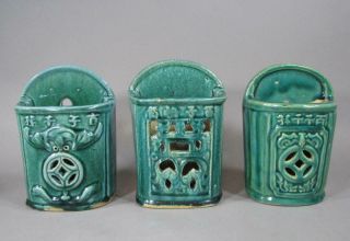 3 Antique Chinese Shiwan Pottery Wall Vases,  Planters,  1 Signed,  Green Glaze