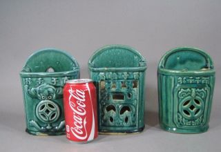 3 Antique Chinese Shiwan Pottery Wall Vases,  Planters,  1 Signed,  Green Glaze 2