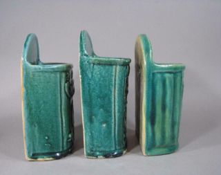 3 Antique Chinese Shiwan Pottery Wall Vases,  Planters,  1 Signed,  Green Glaze 3