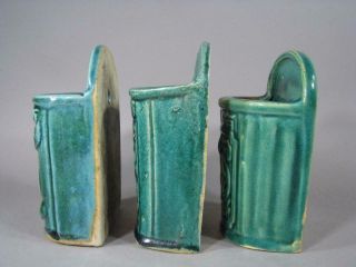 3 Antique Chinese Shiwan Pottery Wall Vases,  Planters,  1 Signed,  Green Glaze 5