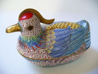 6 1/2 " Vintage Asian Enamel Chinese Hand Painted Copper Box Mandarin Duck Bird
