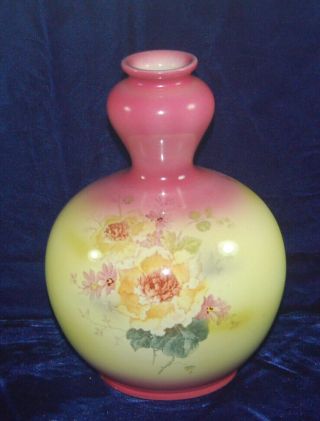 ANTIQUE ROYAL BONN VASE - HANDPAINTED FLORAL / PINK - YELLOW - GREEN 2