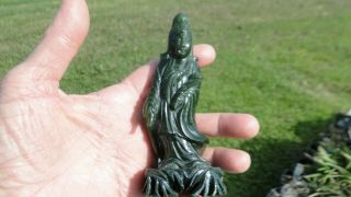 A Lovely Antique Chinese Spinach Green Jade Figure Of Young Maiden