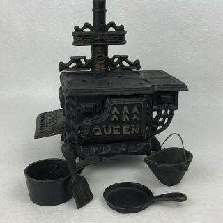 Antique Queen Cast Iron Miniature Salesman Sample Doll Furniture Toy Wood Stove