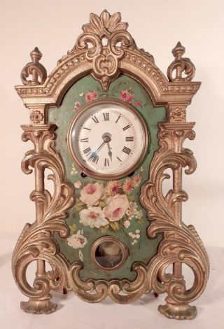Antique American Iron Front 8 Day Time & Strike Mantel Clock W/ Painted Flowers