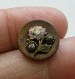 Lovely Antique Vtg Carved Wood Button Champleve Enamel Flower & Cut Steel (ab)