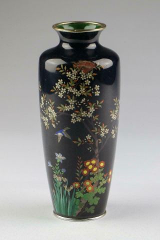 Antique 19th Century Meiji Japanese Black Cloisonne Vase