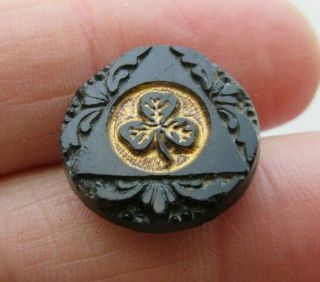 Exceptional Antique Vtg Victorian Black Glass Button Gold Luster Clover (ab)