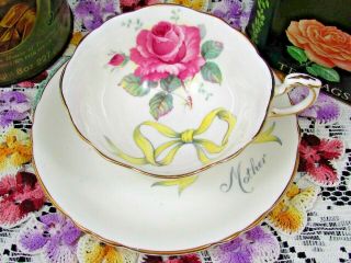 Paragon Pink Rose Yellow Ribbon Bow Mother Tea Cup And Saucer
