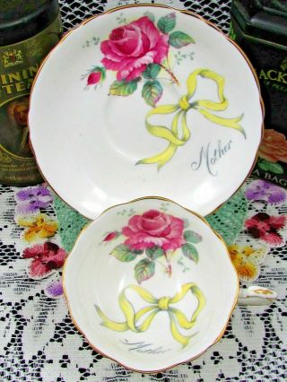 PARAGON PINK ROSE YELLOW RIBBON BOW MOTHER TEA CUP AND SAUCER 2