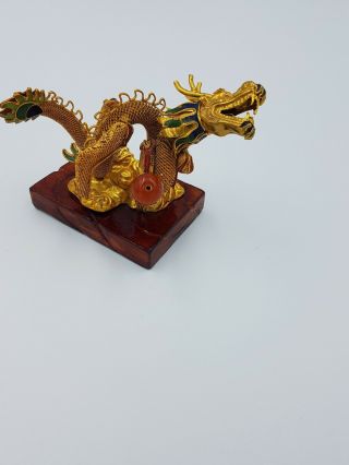 Chinese Gold Tone Metal Cloisonne Dragon With Fire Ball Figurine On Wooden Stand
