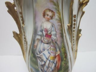 ANTIQUE HAND PAINTED PORCELAIN URN SHAPED FLOWER VASE LADY BY STREAM DESIGN 2