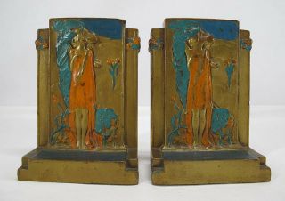 Antique C 1920 Art Nouveau Beauty The Kiss Bookends Pompeian Bronze Company Yqz