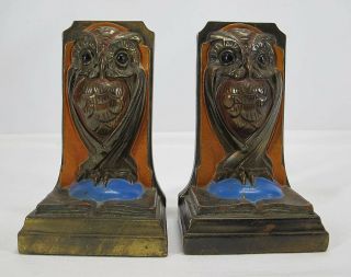 Antique C 1920 Art Deco Nouveau Owl Bookends Attrb Pompeian Bronze Company Yqz