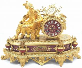Antique French Mantle Clock 1880 ' s Stunning Gilt & Red Sevres Striking Figural 2