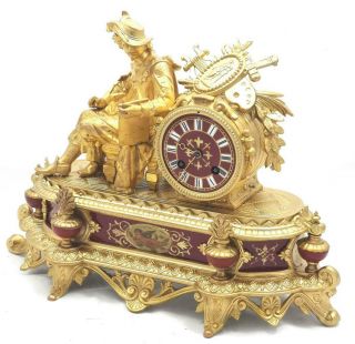 Antique French Mantle Clock 1880 ' s Stunning Gilt & Red Sevres Striking Figural 3