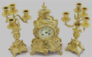 Antique French Mantle Clock Stunning Rococo Gilt Bronze 8 Day Garniture Set 1878
