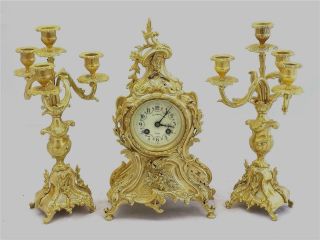Antique French mantle Clock Stunning Rococo Gilt Bronze 8 Day Garniture Set 1878 2