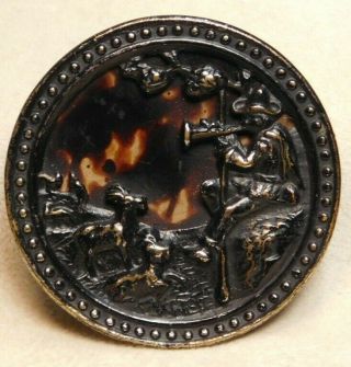 Rare Large Antique Metal Button Pied Piper W Goats Marble Celluloid In Brass C3
