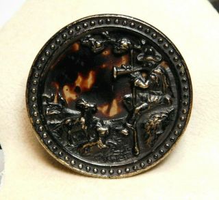 RARE Large Antique Metal BUTTON Pied piper w Goats Marble Celluloid in Brass C3 2