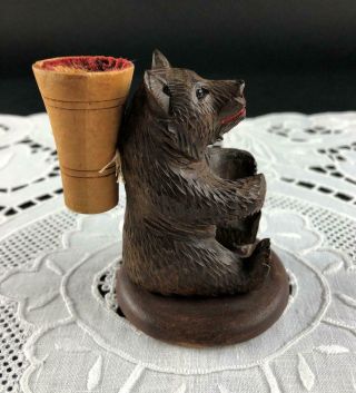 1890s Antique Hand Carved Black Forest Bear Sewing Stand Pin Cushion Glass Eyes