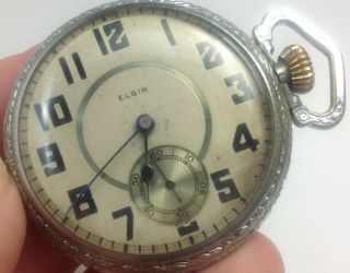 Antique Elgin 14s Open Face Pocket Watch With Ornately Engraved Case (e42)