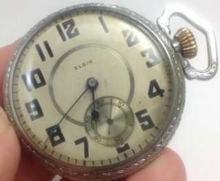 ANTIQUE ELGIN 14s OPEN FACE POCKET WATCH WITH ORNATELY ENGRAVED CASE (E42) 2