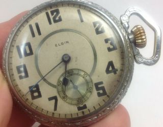 ANTIQUE ELGIN 14s OPEN FACE POCKET WATCH WITH ORNATELY ENGRAVED CASE (E42) 3