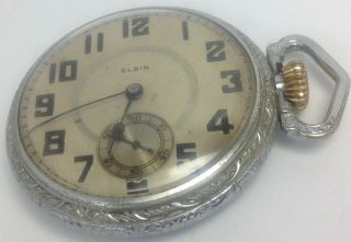 ANTIQUE ELGIN 14s OPEN FACE POCKET WATCH WITH ORNATELY ENGRAVED CASE (E42) 4
