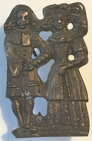 Antique Bronze Elaborate 17th Century Couple Plaque W/split Fold Back Fasteners