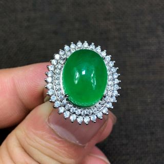 Rare Handwork S925 Silver & Green Jadeite Jade Oval Bead Chinese No.  7 - 13 Ring